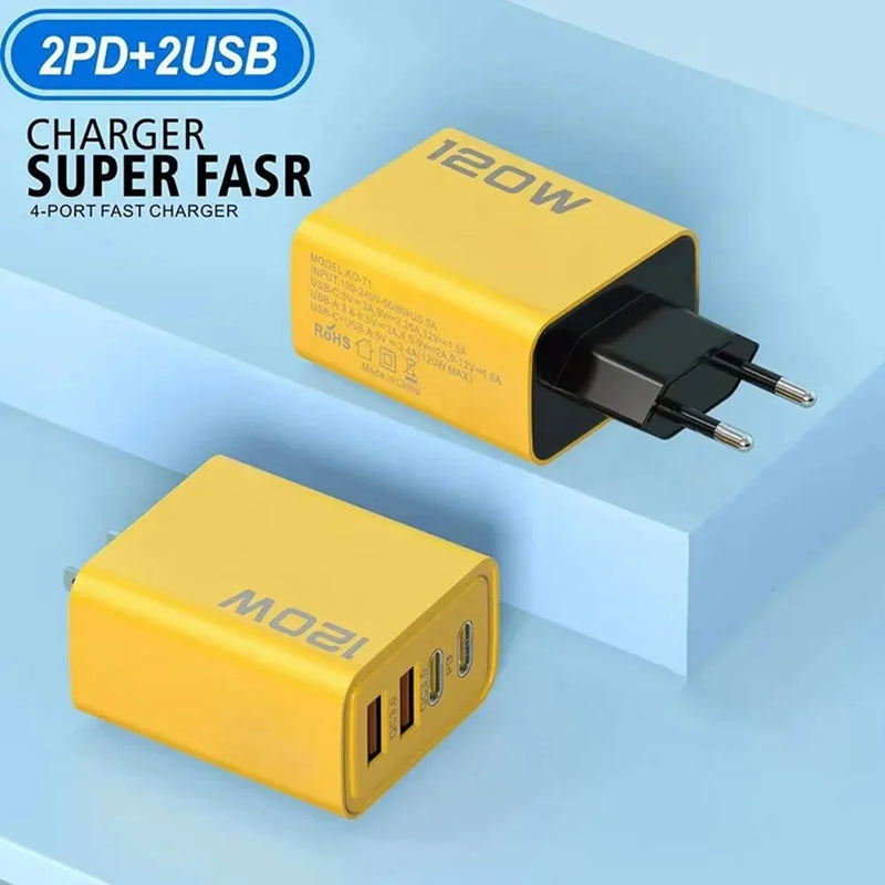 Carregador Turbo 120W – 4 Portas | Carregamento Rápido e Seguro  For iPhone Samsung Xiaomi Quick Charge Wall Charger