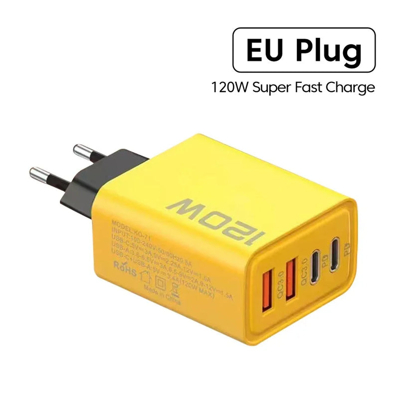 Carregador Turbo 120W – 4 Portas | Carregamento Rápido e Seguro  For iPhone Samsung Xiaomi Quick Charge Wall Charger