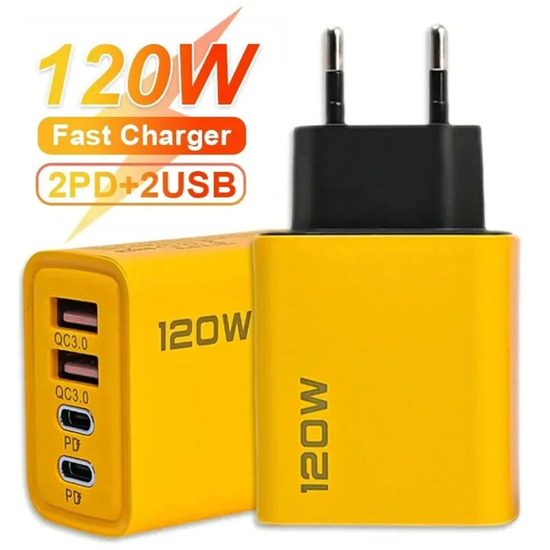 Carregador Turbo 120W – 4 Portas | Carregamento Rápido e Seguro  For iPhone Samsung Xiaomi Quick Charge Wall Charger