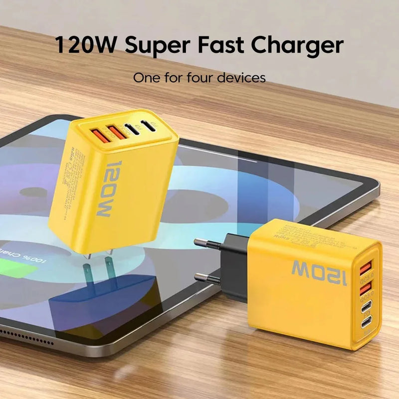 Carregador Turbo 120W – 4 Portas | Carregamento Rápido e Seguro  For iPhone Samsung Xiaomi Quick Charge Wall Charger