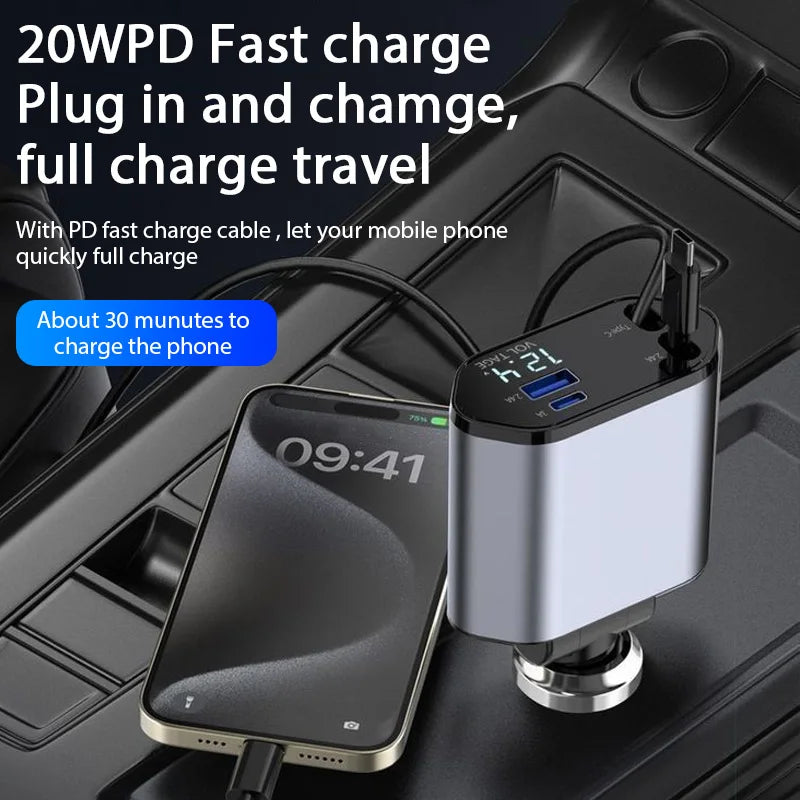 CARREGADOR  TURBO  RETRATIL PARA CARRO 4 in 1 120W COM CABO PARA   IPhone Xiaomi Huawei Samsung